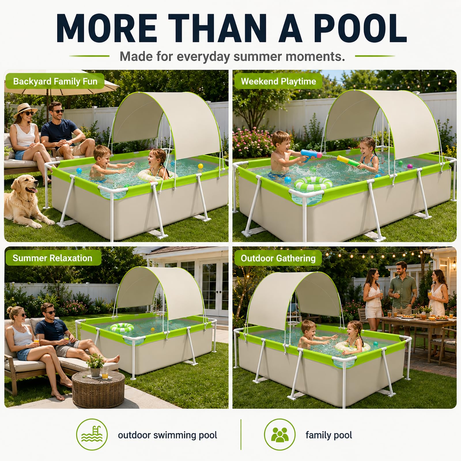 Piscina fuori terra rettangolare con tettuccio, familiare | Telaio in acciaio, pieghevole, zona ombreggiata, bambini e adulti(102in)