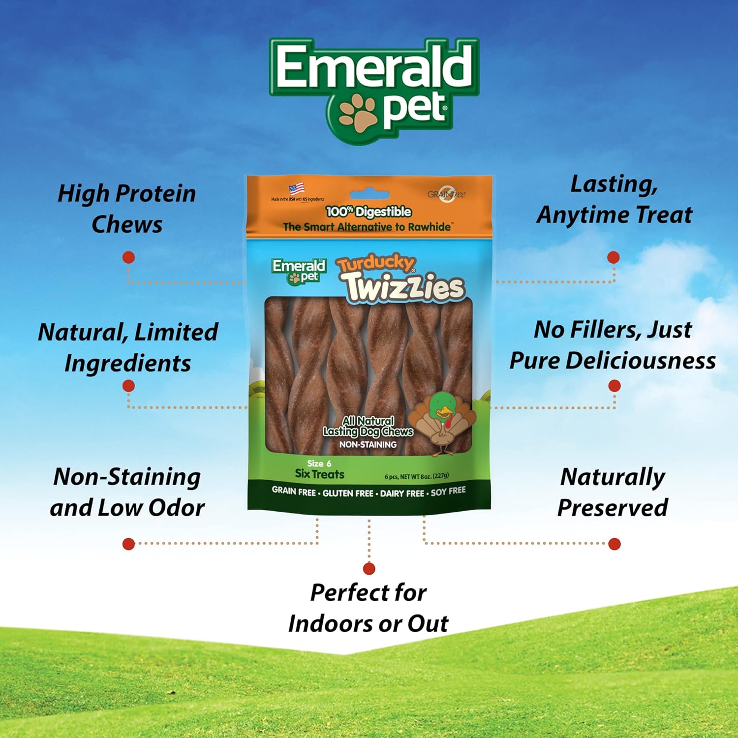 Emerald Pet Twizzies Rawhide Free 100% Digestible Natural Dog Lasting Chew Treats, Made in USA Size 6, Turducky Turkey Duck Multipack
