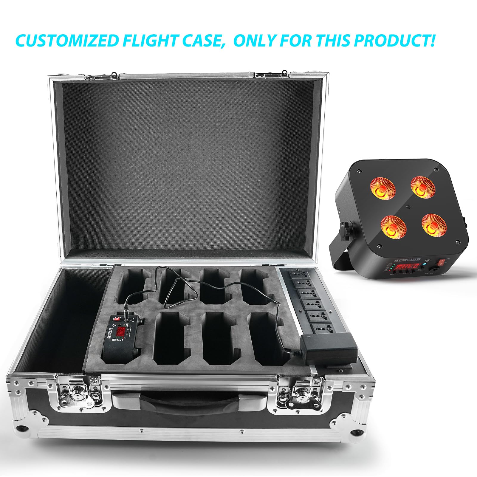 DazzlingStage Charging Case Holds 8 MINI Par Lights, Built-in Power Strip, Stackable, Padded Hard Case for Transport & Charging