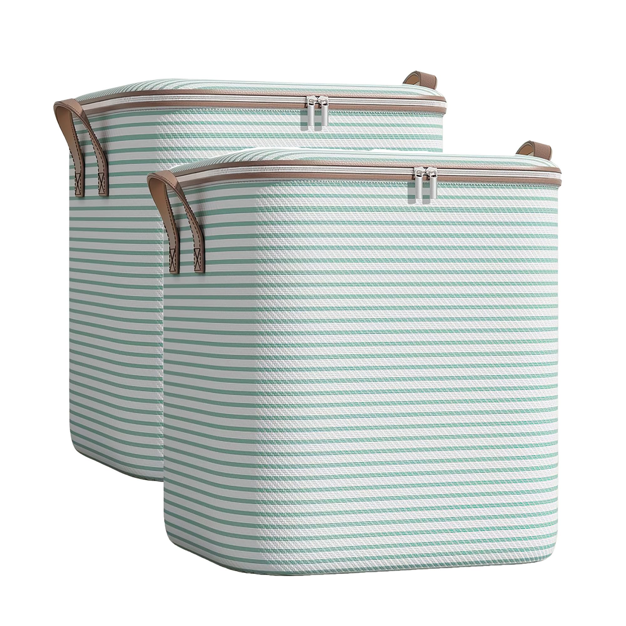 100L Large Capacity Storage Bags for Clothes & Comforters, Thick Non-Woven Fabric Foldable Storage Organizer with Reinforced Handles for Home, Wardrobe, Moving & Travel (Green Stripe 2pcs)
