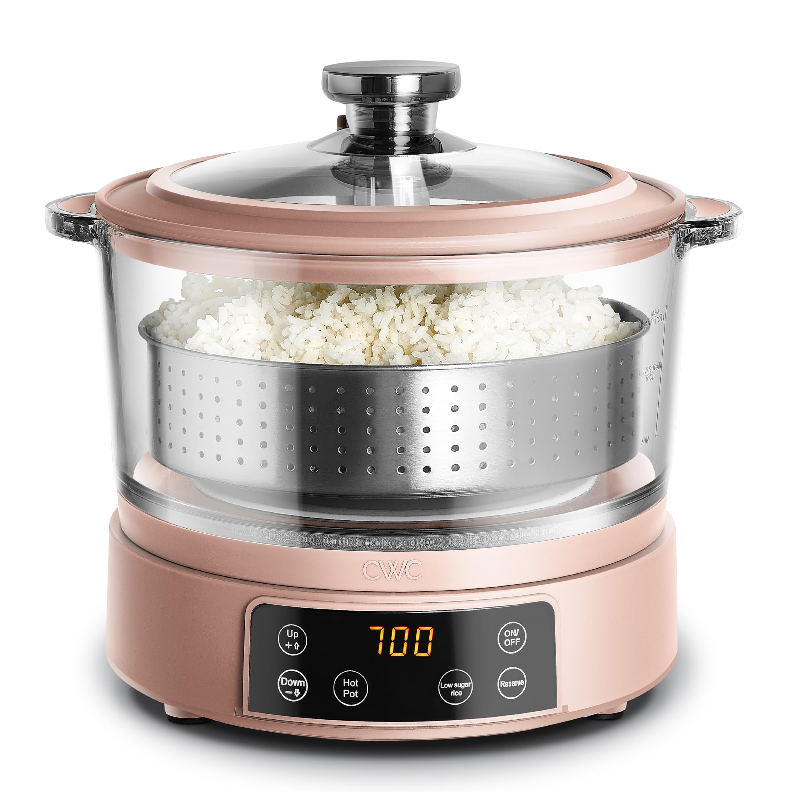 3L Glass Mini Low Carb Rice Cooker – Holds 2 Cups Raw/Makes 6 Cups Cooked with Auto Lift Filter Basket, Hotpot & Steamer for Rice, Grains, Digital Panel with Keep Warm, Dusty Rose