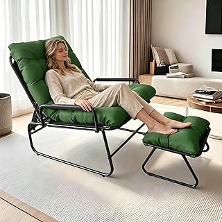 Balkonsessel, Sitzsessel mit Verstellbarer Rückenlehne, loungesessel Garten mit Hocker, Relaxliege Wohnzimmer, Outdoor Lounge Sessel, Relax Sesel für Wohnzimmer, Schlafzimmer, Büro (Grün)