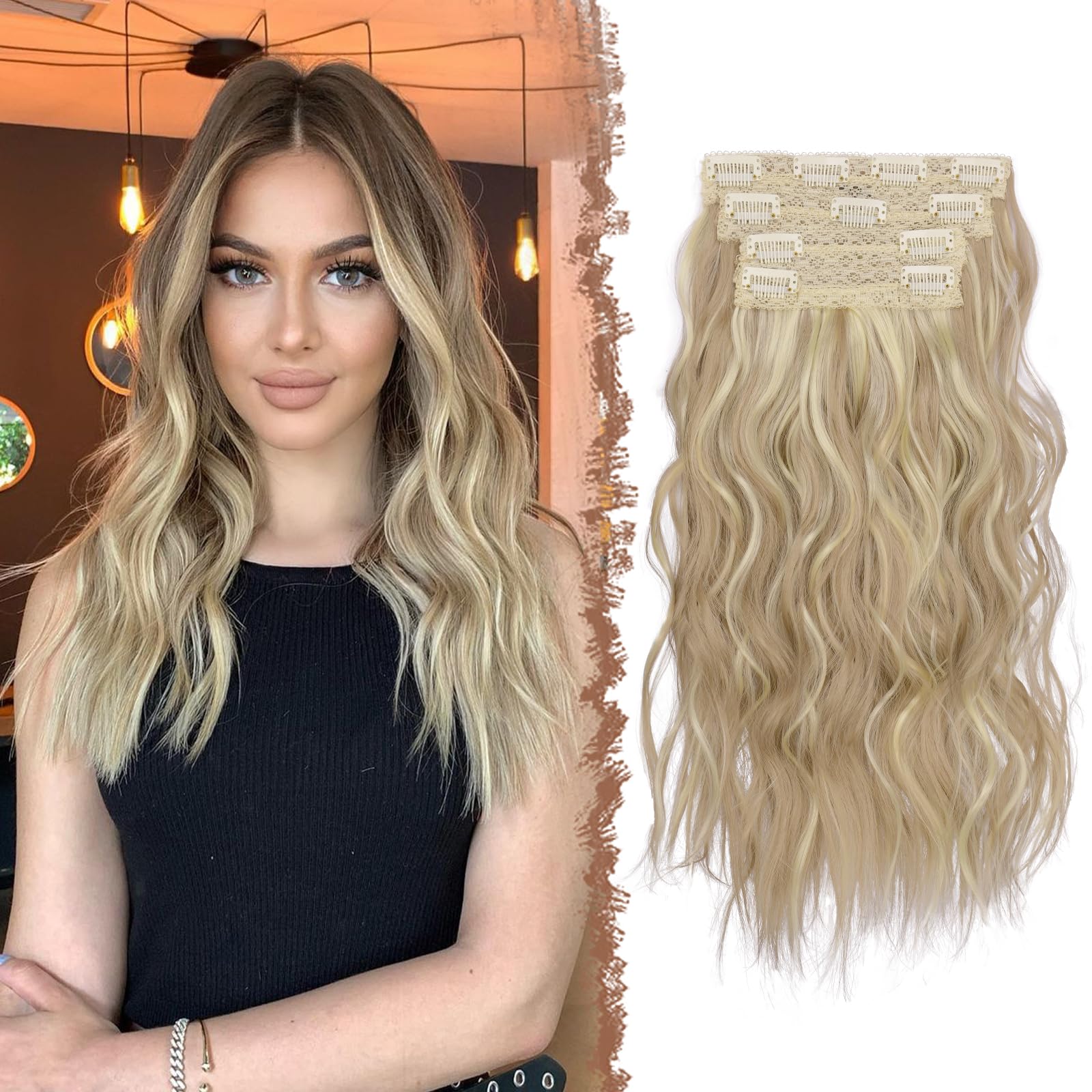 FESHFEN Clip in Hair Extensions 4PCs Long Wavy Thick Hair Piece Highlighted Full Head Synthetic Natural Curly Dirty Blonde Extension for Women 16 Inch