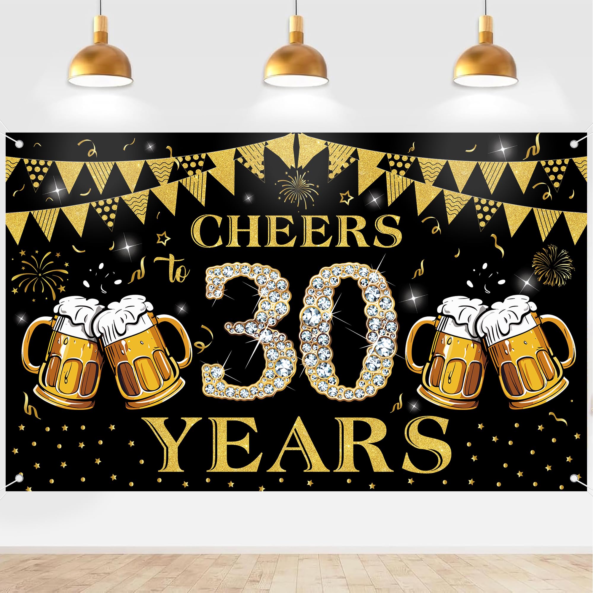 30th Birthday Decorations Backdrop Banner - 180 x 110 cm Black Gold Cheers 30 Years Banner Backdrop for Men and Women Happy 30 Year Old Party Decoration Supplies Indoor Outdoor Photo Booth Background