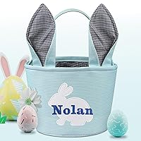 Vista 12 de Cesta de Pascua, cestas de conejo de Pascua, cesta portátil para búsqueda de huevos para recuerdos de fiesta y regalos, lindo conejo azul