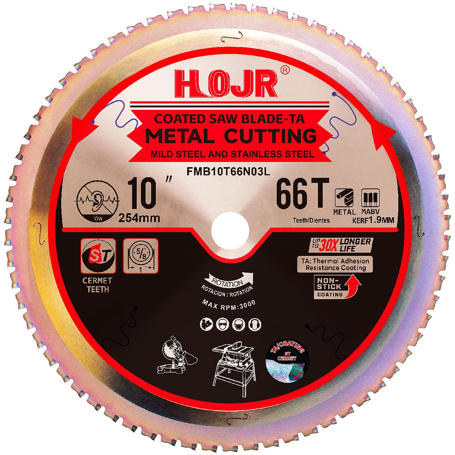 Metal Cutting Circular Saw Blade, Steel and Stainless Steel Cutting, the Cutting Head uses a Special Anti-Heat Sticking Coating with high Finish and Long Life, FMB 10 inch 66-Tooth 1" -TA