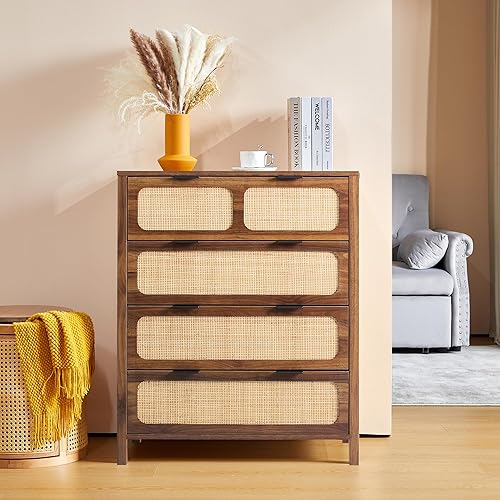 Miniatura 10 de LEVNARY Cómoda de 4 cajones para dormitorio, cajones de ratán, armario de caña de almacenamiento, cómoda de madera para dormitorio, entrada, sala de
