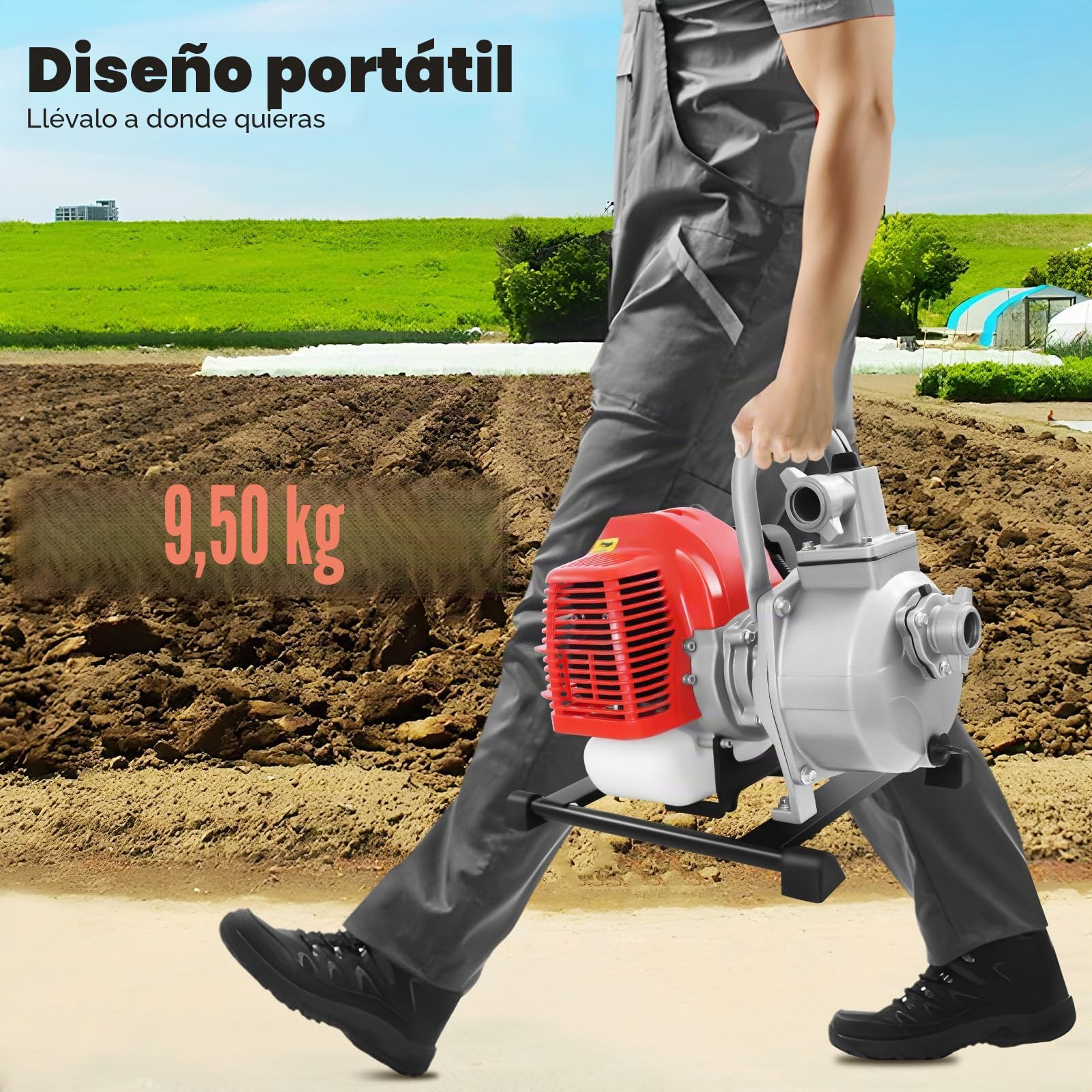 motobomba de agua a gasolina 1,7 CV con motor de 2 tiempos de 1,25 kW, bomba de agua sucia, altura de extracción 30 m, caudal de 10.000 L/H, bomba de alta presión para drenaje/transporte de agua