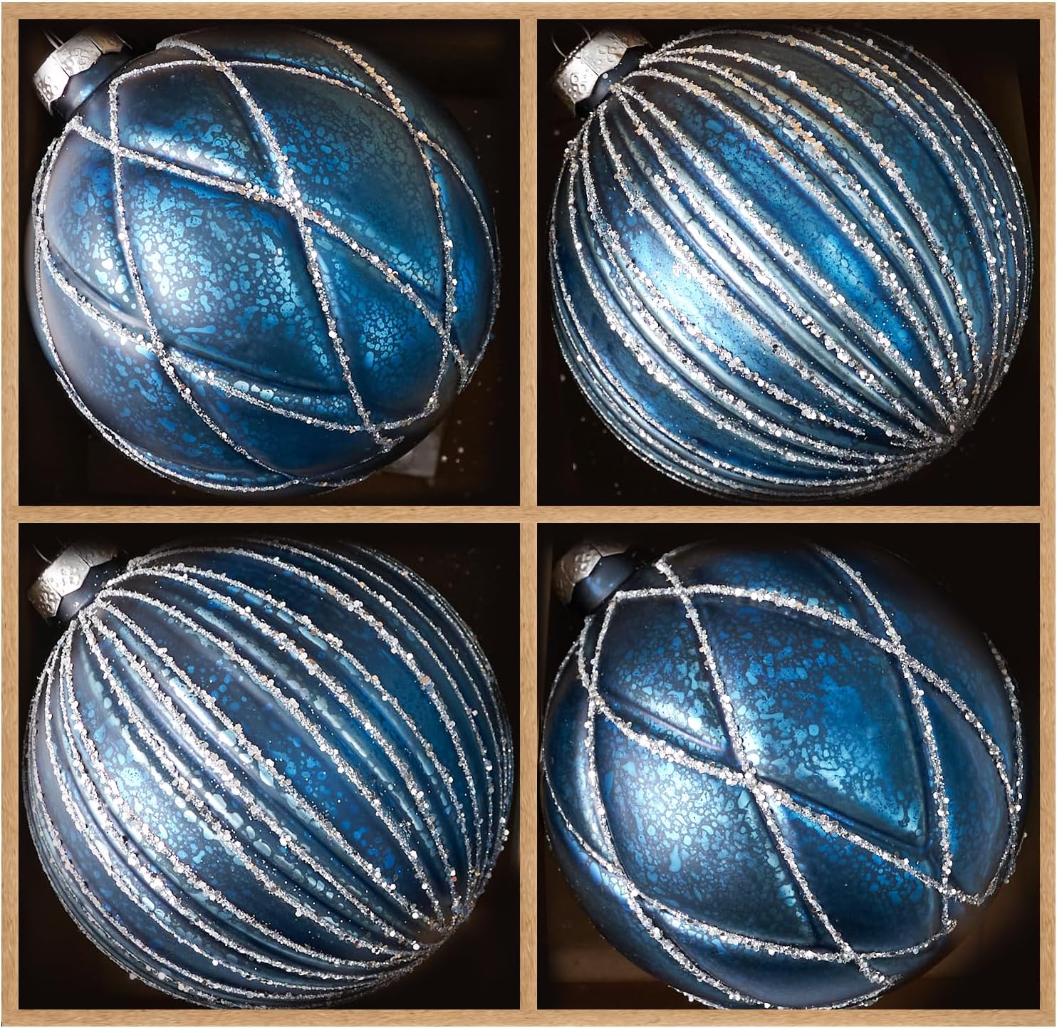 dn deconation 4pcs blue glass christmas ball ornaments – 4” shimmering silver lines hanging ball ornaments set for christmas tree, winter decor elegant holiday decorations wedding blue & silver set of 4 incomplete missing one