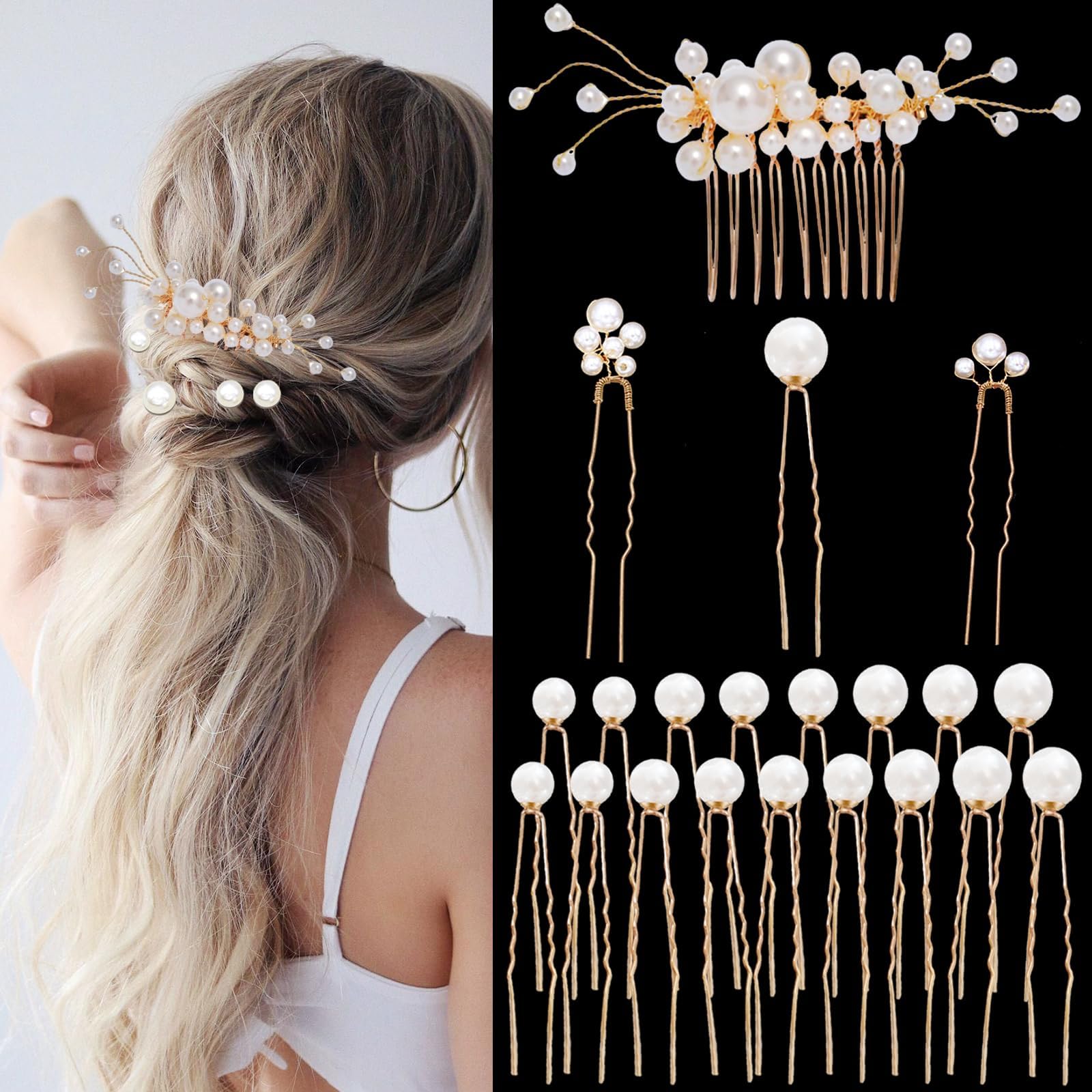 Photo 1 of 21 Pieces Gold Wedding Bridal Hair Accessories Pearl Hair Pins U Shaped Hair Combs Barrettes Headpiece for Bridesmaid Women Girls