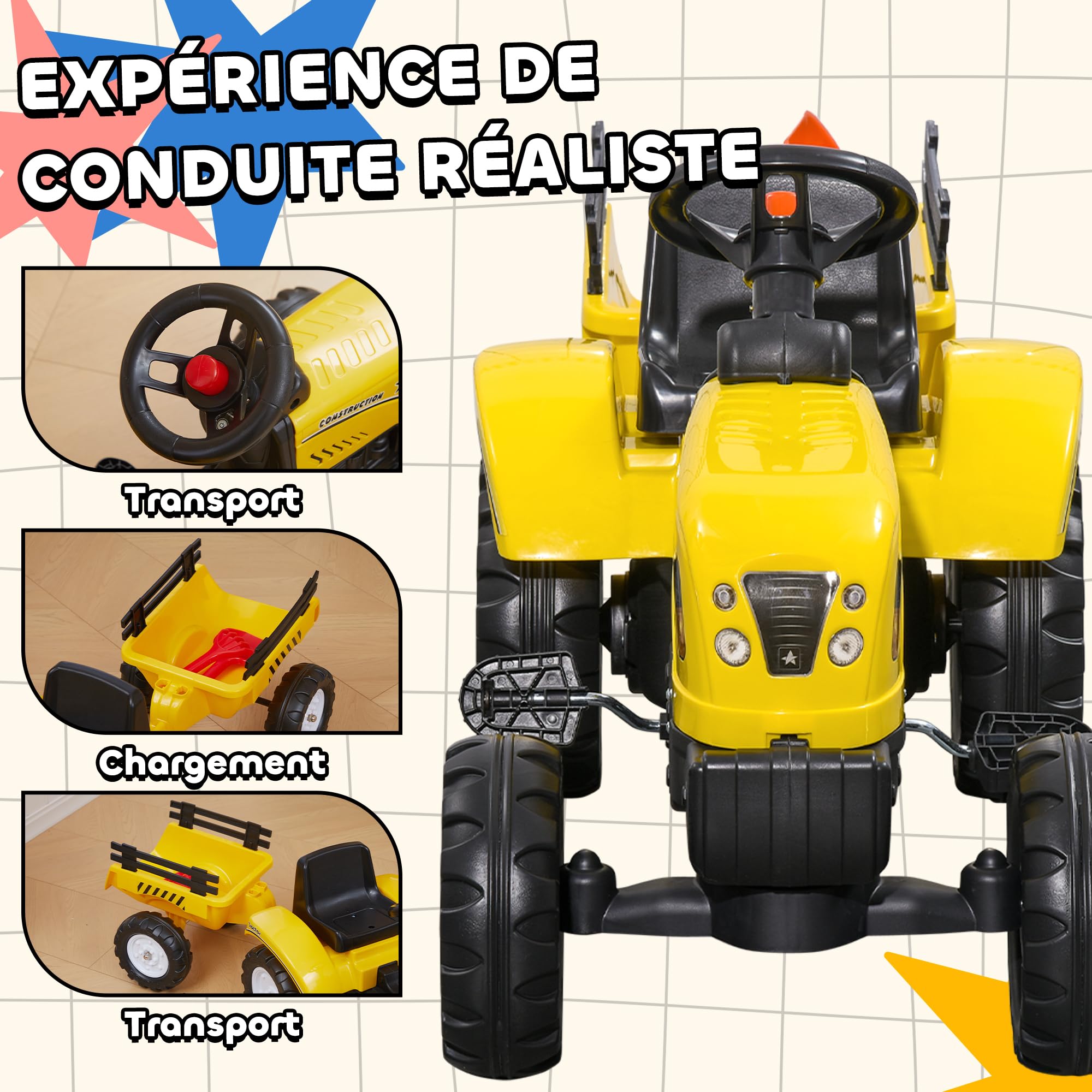 HOMCOM Tracteur à pédales 6 Roues avec remorque, râteau et pelle, Charge 35 kg, pour 3+ Ans, Jaune