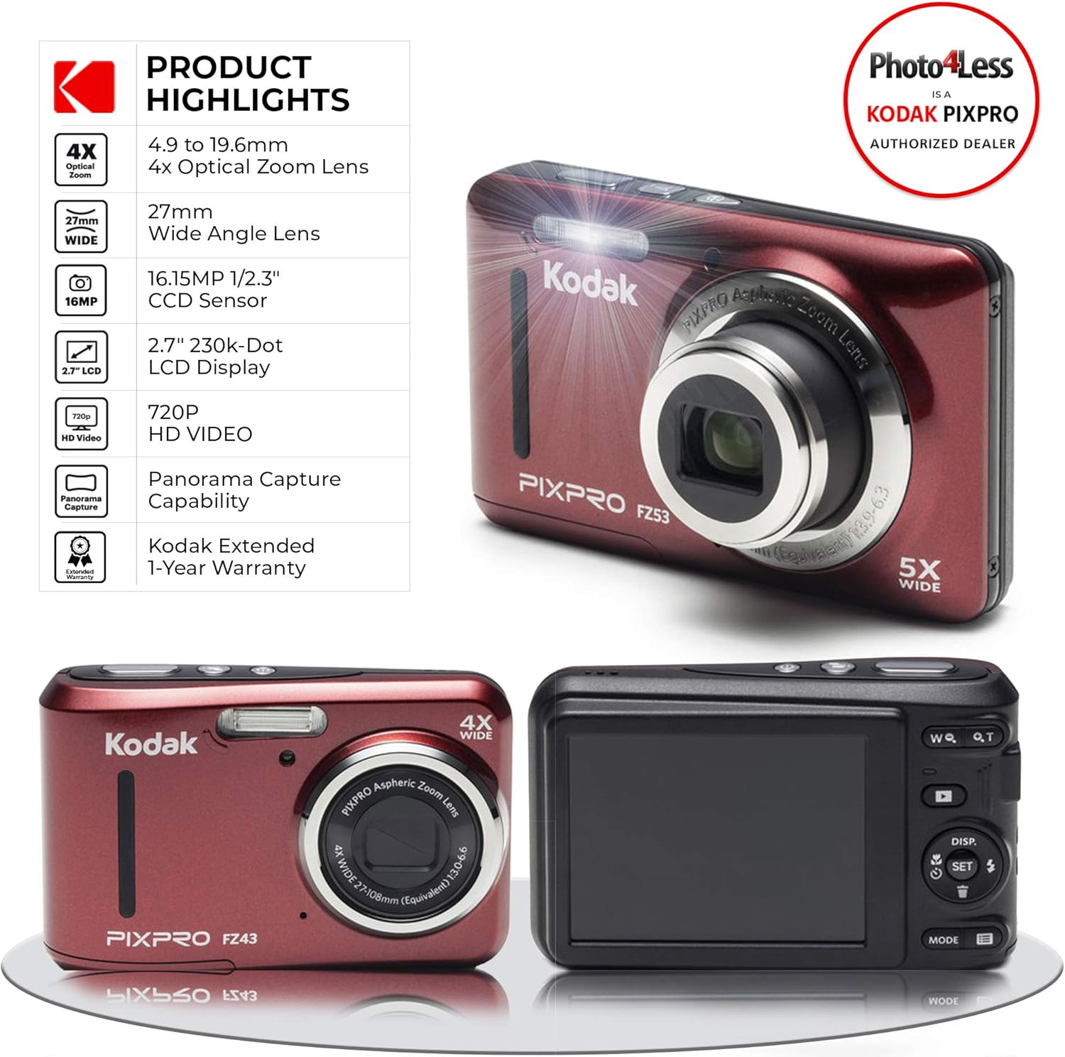 Onе-Dау Sаlе: Uр tо 50% оƒƒ Kodak PIXPRO Friendly Zoom FZ43 16 MP Digital Camera with 4X Optical Zoom and 2.7 LCD Screen (Red) + Black Point & Shoot Case + Transcend 32GB UHS-I U1 SD Memory Card & More!…