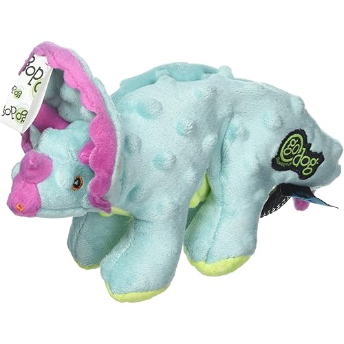 goDog Dinos Frills Squeaky Plush Dog Toy, Chew Guard Technology - Teal, Small