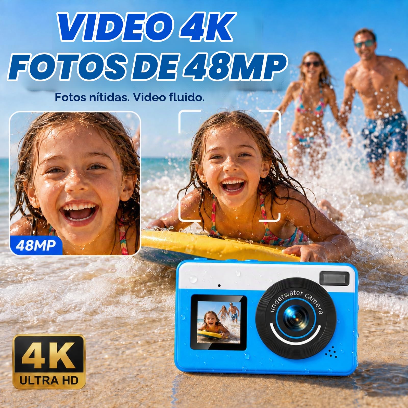 Maxmango D70 Cámara Acuatica 4K Impermeable - 10FT Cámara de Fotos Doble Pantalla para Selfies - Enfoque Automático, Zoom 18X - Ideal para Buceo, Esnórquel y Natación - Incluye Tarjeta de 16