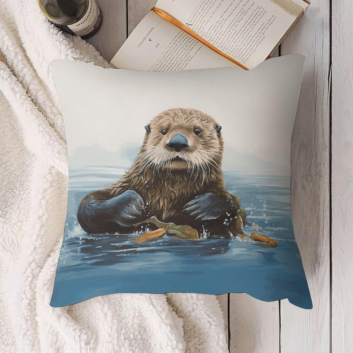 Sea Otter Pillow Protectors Cute Waterproof Pillow Cover Soft Skin-Friendly Cushion Case Decorative Square Cushion Cover for Couch Sofa Bed Living Room Bedroom
