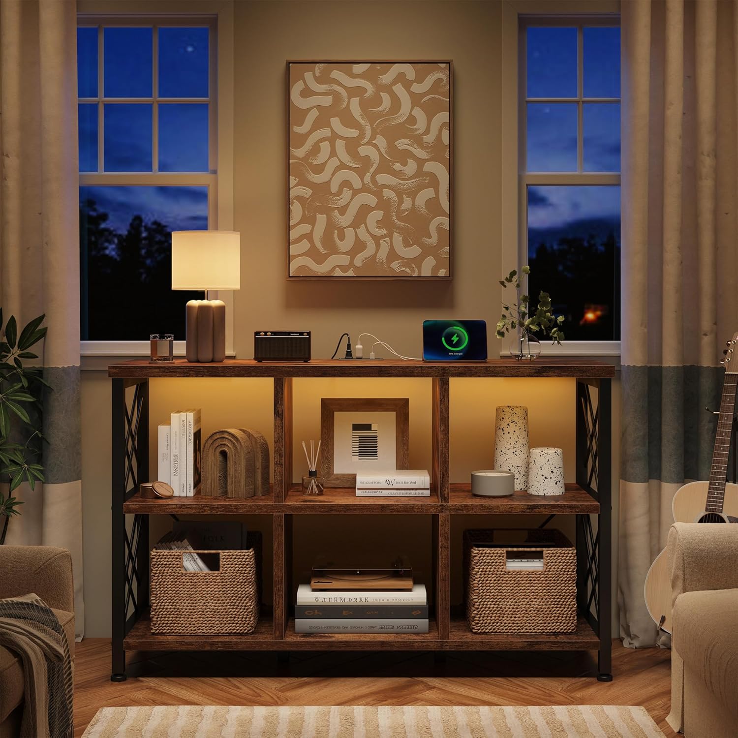 DurayLoly 6 Cube Storage Organizer with LED Light and Charging Station, Wood and Metal Cube Shelf, Long Horizontal Book Shelf for Bedroom, Home Office,Rustic Brown