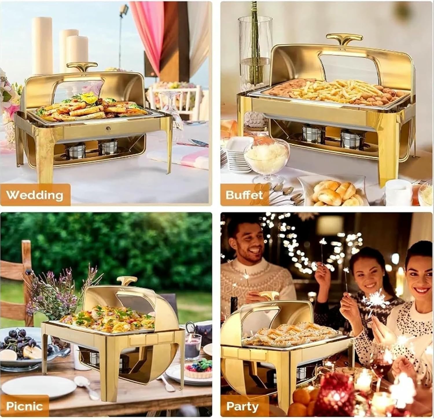 3 Pack Chafing Dishes for Buffet 9QT Roll Top Chafing Dish Buffet Set, Rectangular Stainless Steel Warmer-