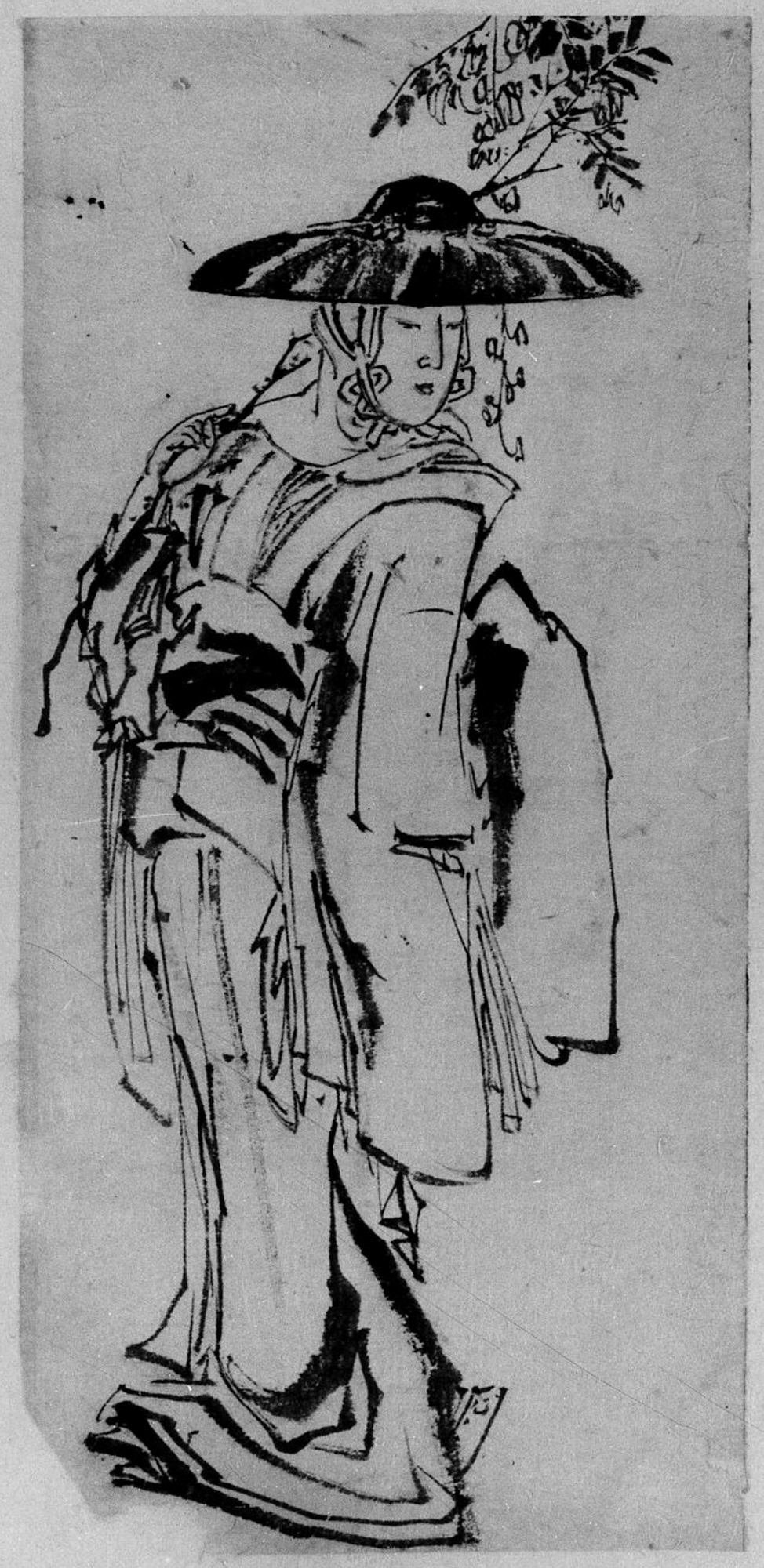 Cuadro de Katsushika Hokusai Man Walking pequeño impreso en papel mate con marco marrón