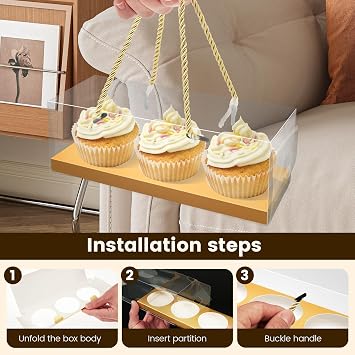 20Pcs Clear Cupcake Containers Boxes - 3 Hole Standard Cupcake Holders with Handle for Muffin, Party, Wedding, Cake Shop (Gold)