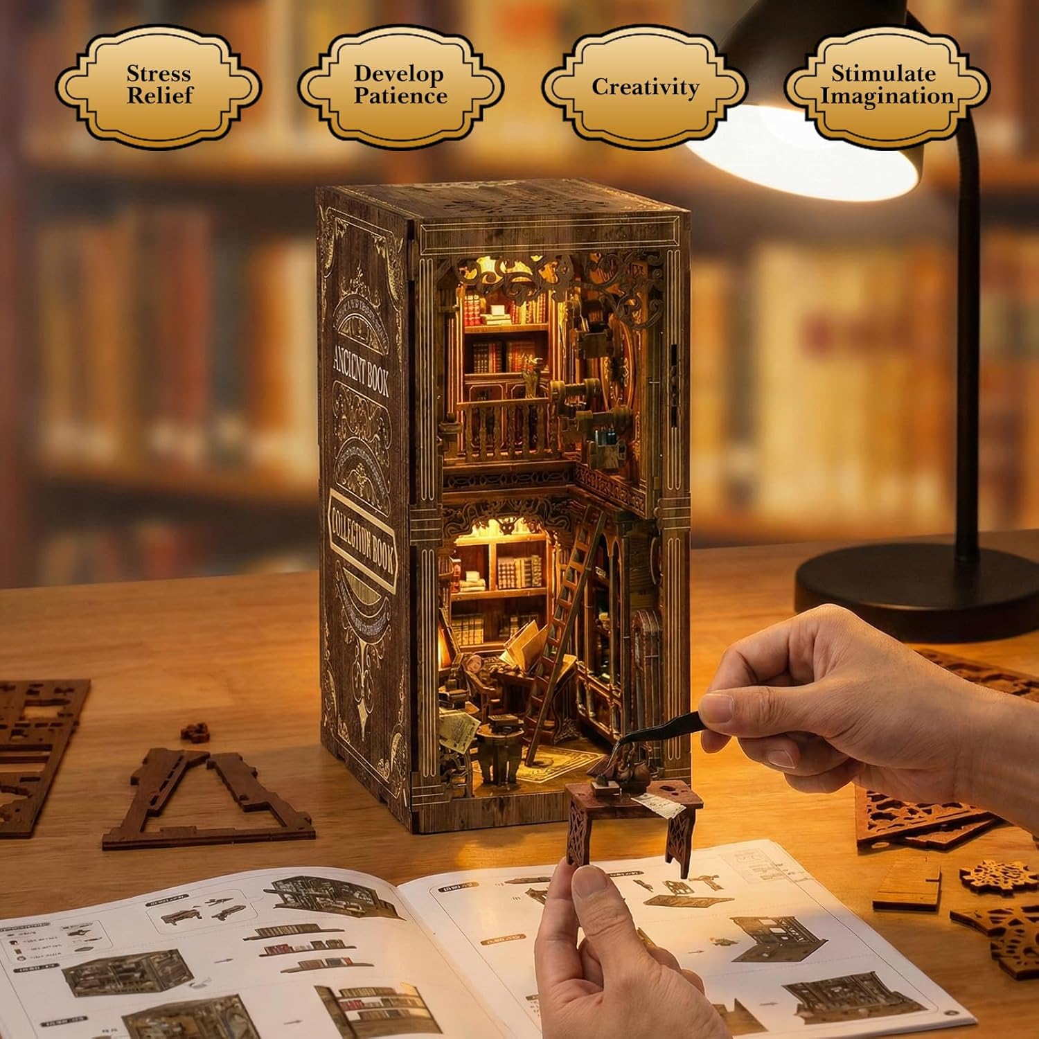Book Nook Kit, DIY Miniature House Kit for Adults and Teens, Book Nook Tiny House Bookshelf Decor, 3D Wooden Puzzles Craft Kits with Sensor Led Light, Gift for Book Lovers, Family, Friends
