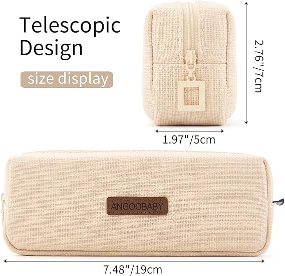 ANGOOBABY Small Pencil Case Student Pencil Pouch Coin Pouch Cosmetic Bag Office Stationery Organizer For Teen School-Beige