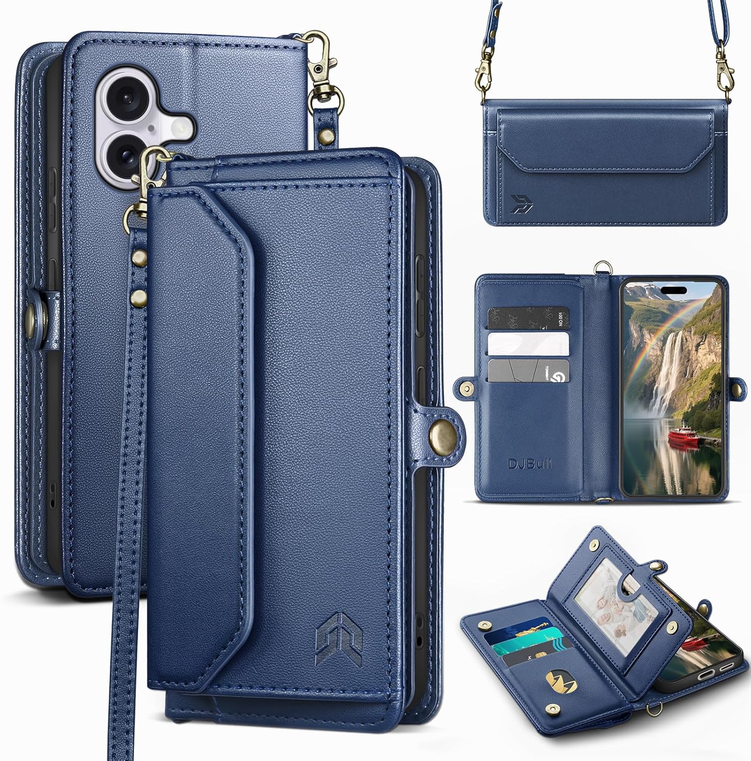 DJBull for iPhone 16 6.1" Wallet Case with Card Holder, Shoulder and Wristlet Straps, Soft PU Leather, Magnetic Snap, Flip Phone Case for Women Men for Apple 16 Blue