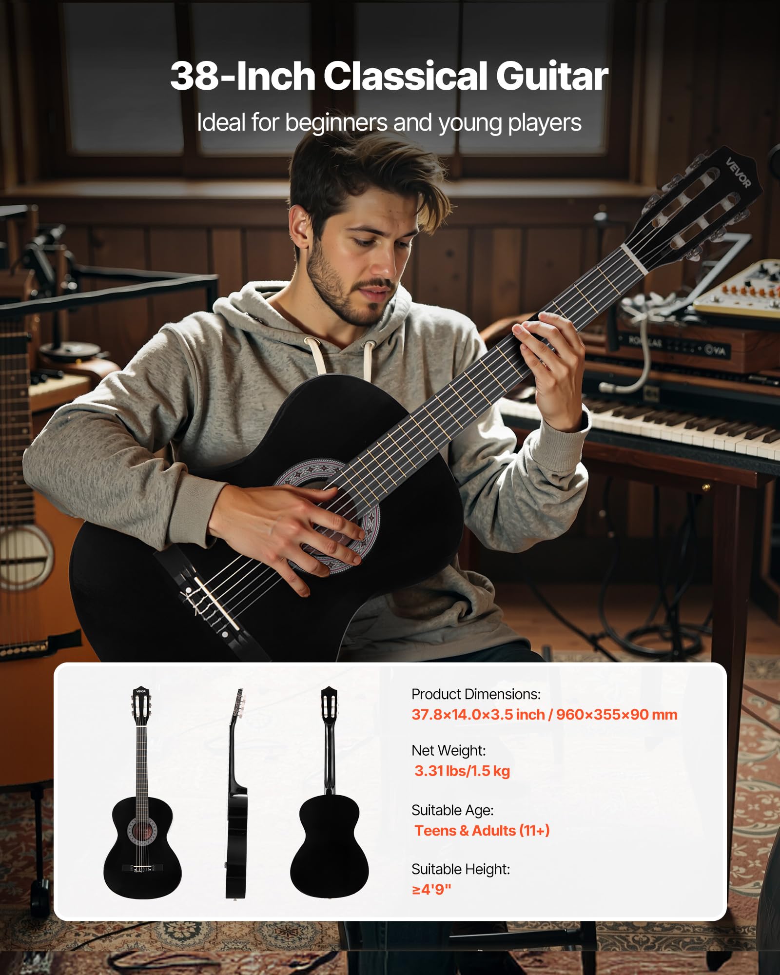 VEVOR Chitarra Classica, 960 mm, in Legno per Principianti, con Corde in Nylon, Custodia Morbida, Tracolla, Accordatore, Corde Extra, Plettri, Capotasto, Tiglio, per Adolescenti, Adulti, Nero