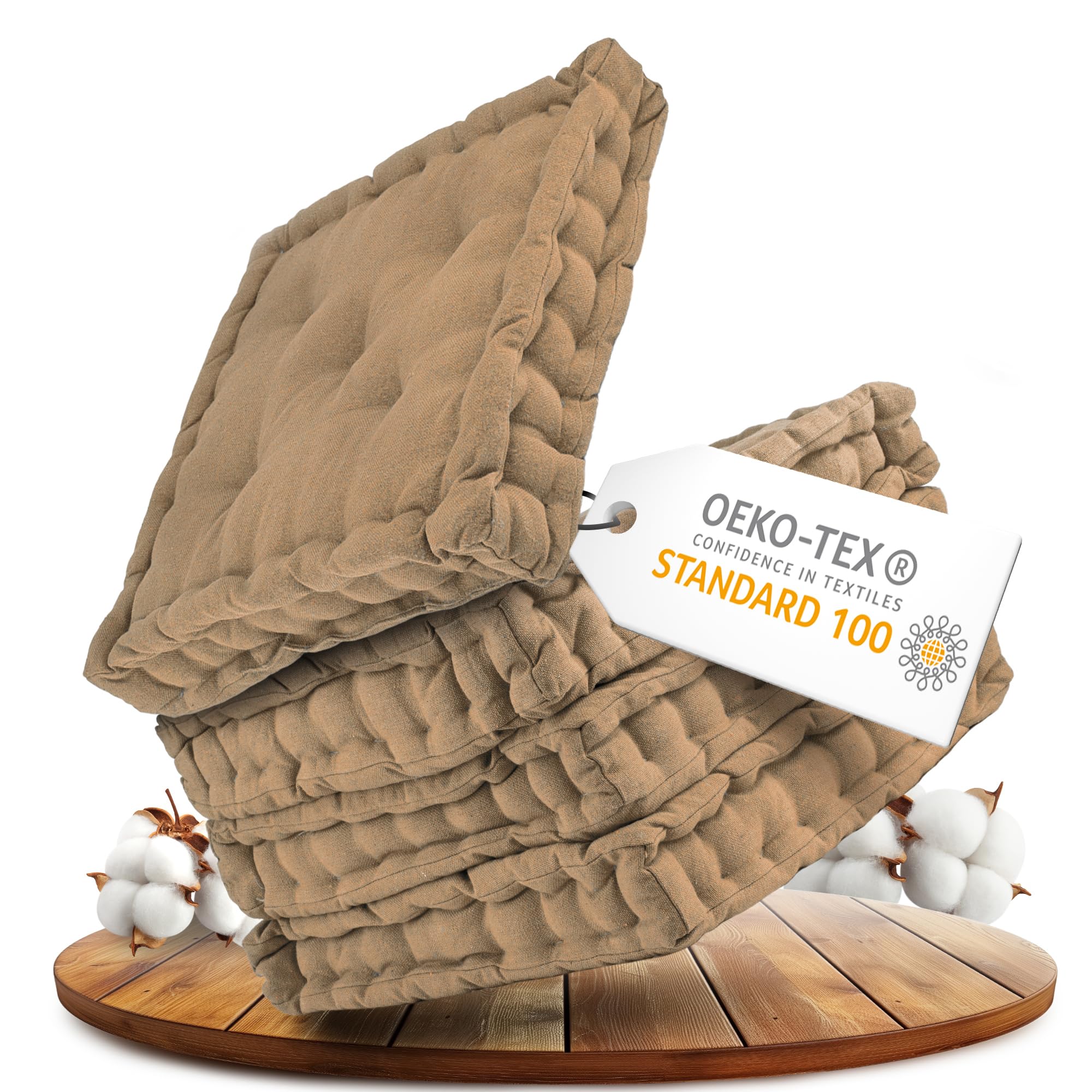 Gräfenstayn® 4er-Set Sitzkissen Stuhlkissen 40x40x8cm für Indoor und Outdoor aus 100% Baumwolle Dicke Polsterung Steppkissen/Bodenkissen (Beige)