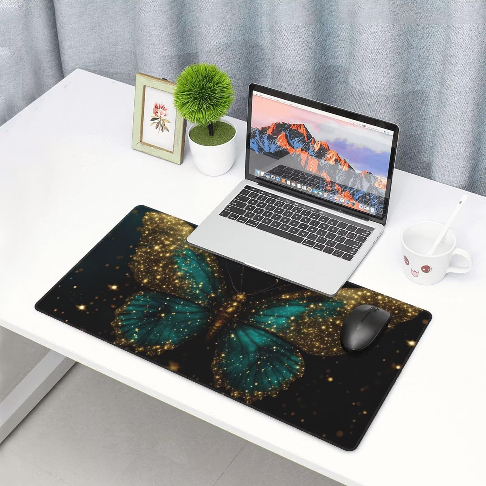 Podkładka pod mysz do gier XXL 1400 x 600 x 3 mm duża zielona podkładka pod mysz do gier akcesoria, motyl pod ręką akcesoria biurowe szyte krawędzie, wystrój pokoju domowego, prezent dla mężczyzn