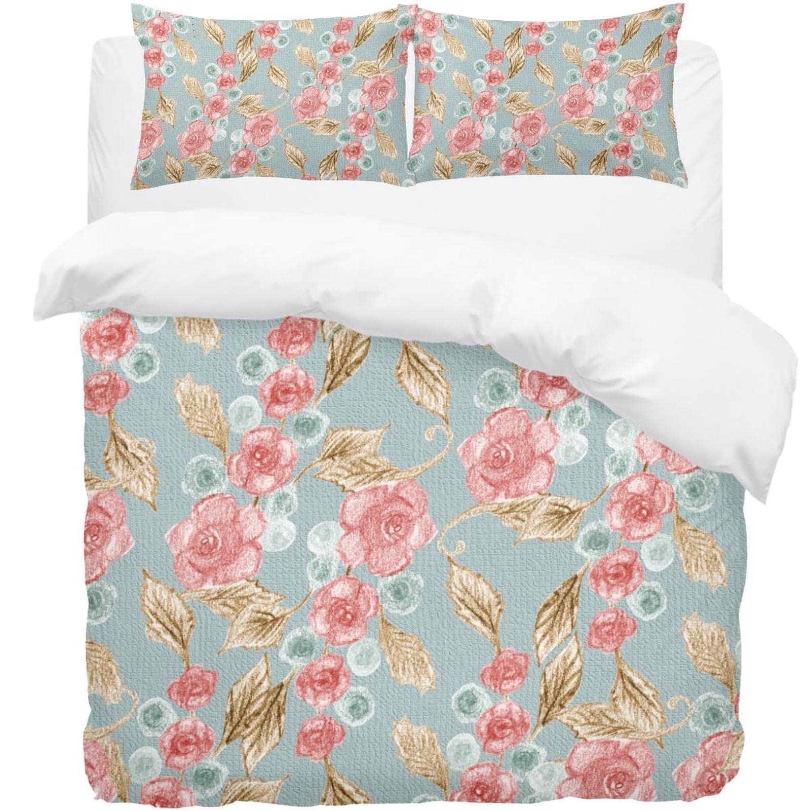 Parure de lit motif floral drap housse couette 2 personnes et taies d'oreiller