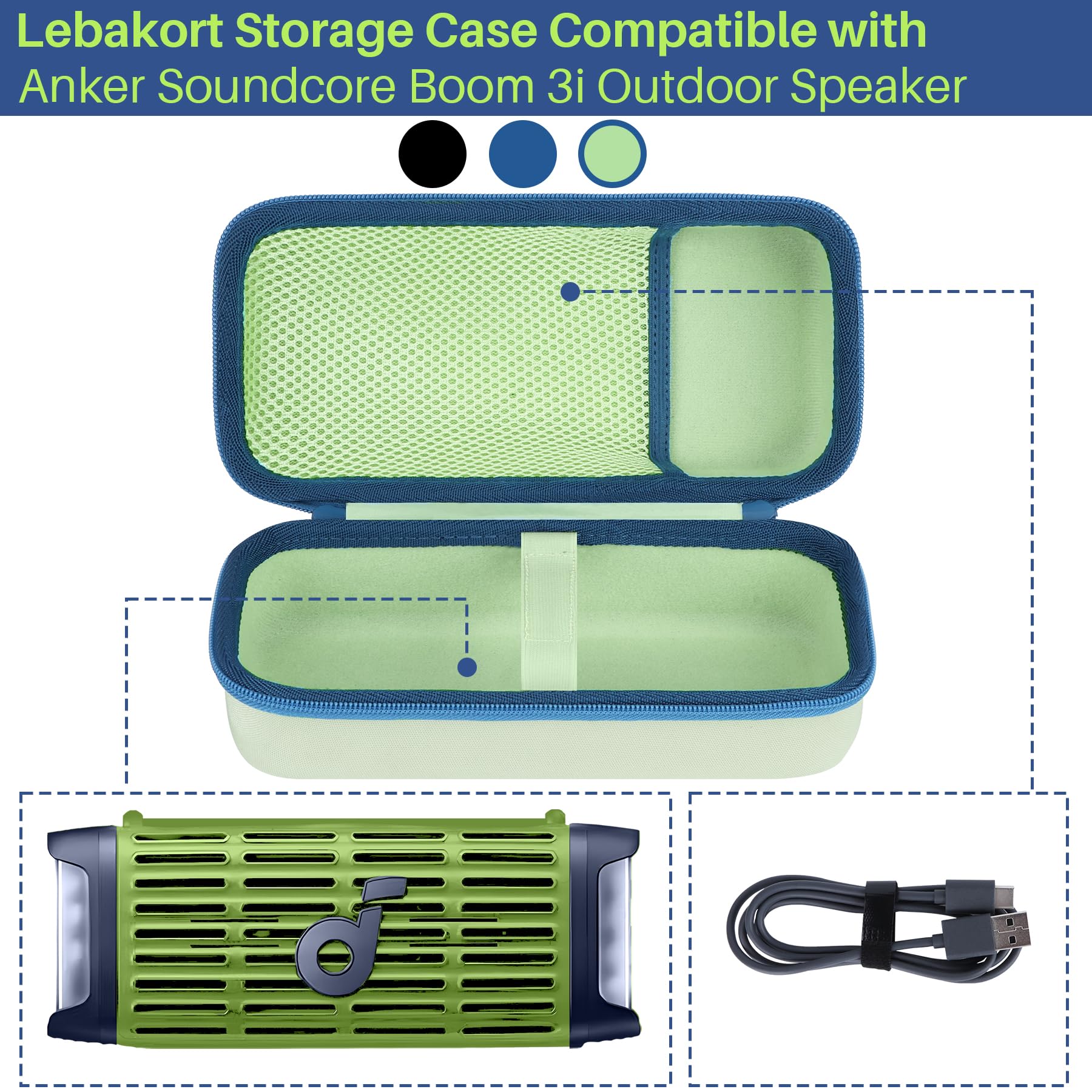 Lebakort Hard Travel Case for Soundcore Boom 3i Rugged Outdoor Speakers (Yellow Green Deep Blue) - Image 3