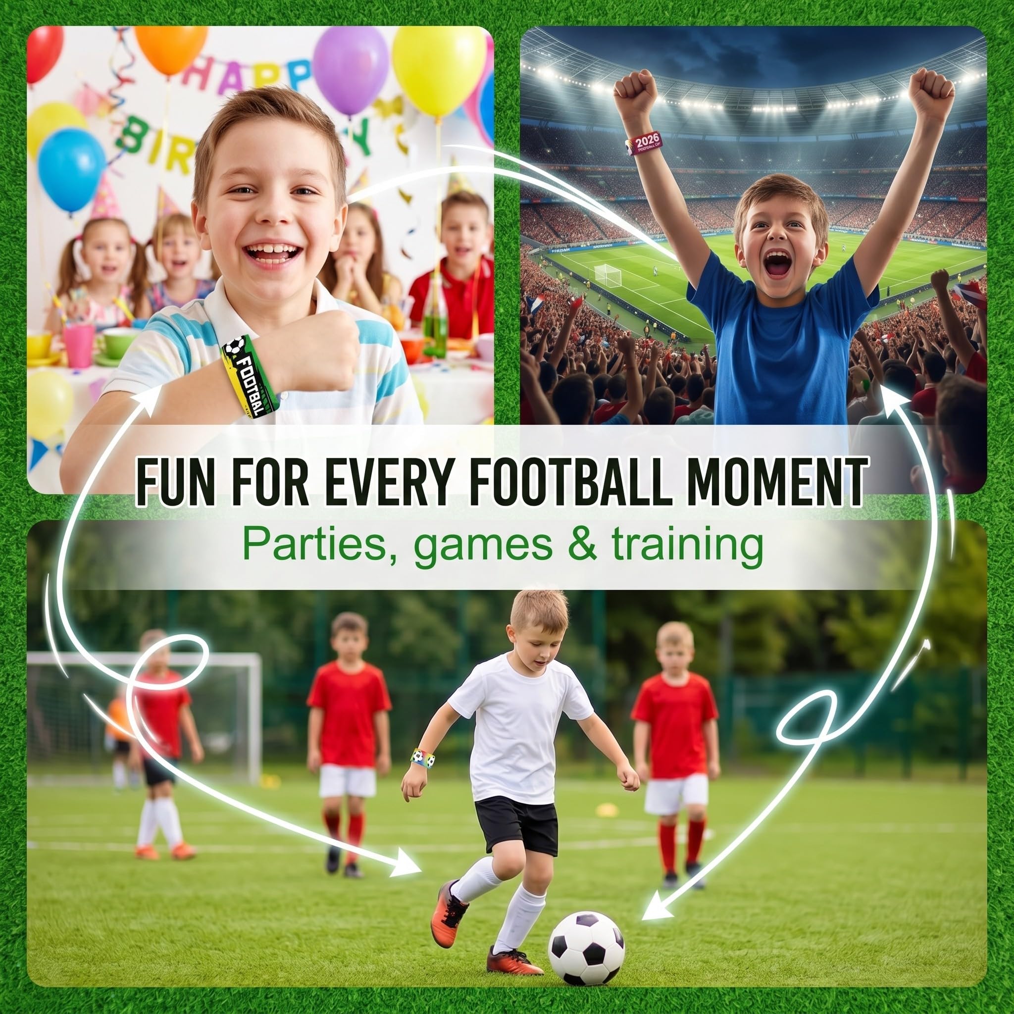 Bracelets Claquants Football pour Enfants, 20 Pièces PVC, 12 Designs Assortis 22x3cm