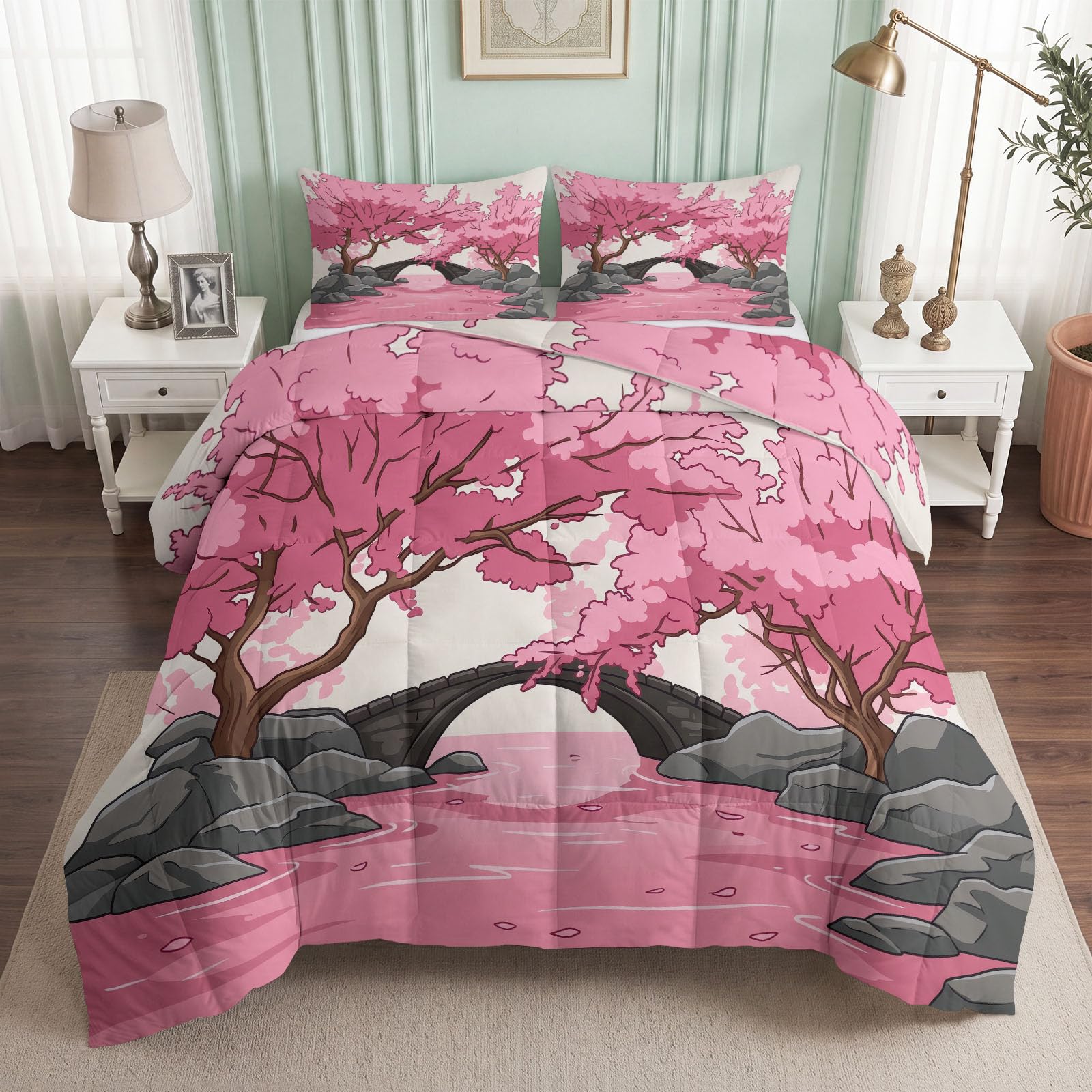 Japońska kołdra w romantycznym stylu botanicznym 200 x 220 cm, kołdra w kwiaty wiśni w ogrodzie japońskim łukowaty most na 4 pory roku Kołdra do łóżka 2-osobowego - Dwustronna kołdra bez