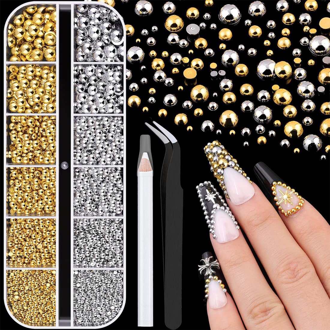 1 boîte Perles caviar pour ongles, degrés or et argent, 3d nail art strass ongle,perles pour nail art, perles caviar pour ongles, perles pour accessoires de nail art