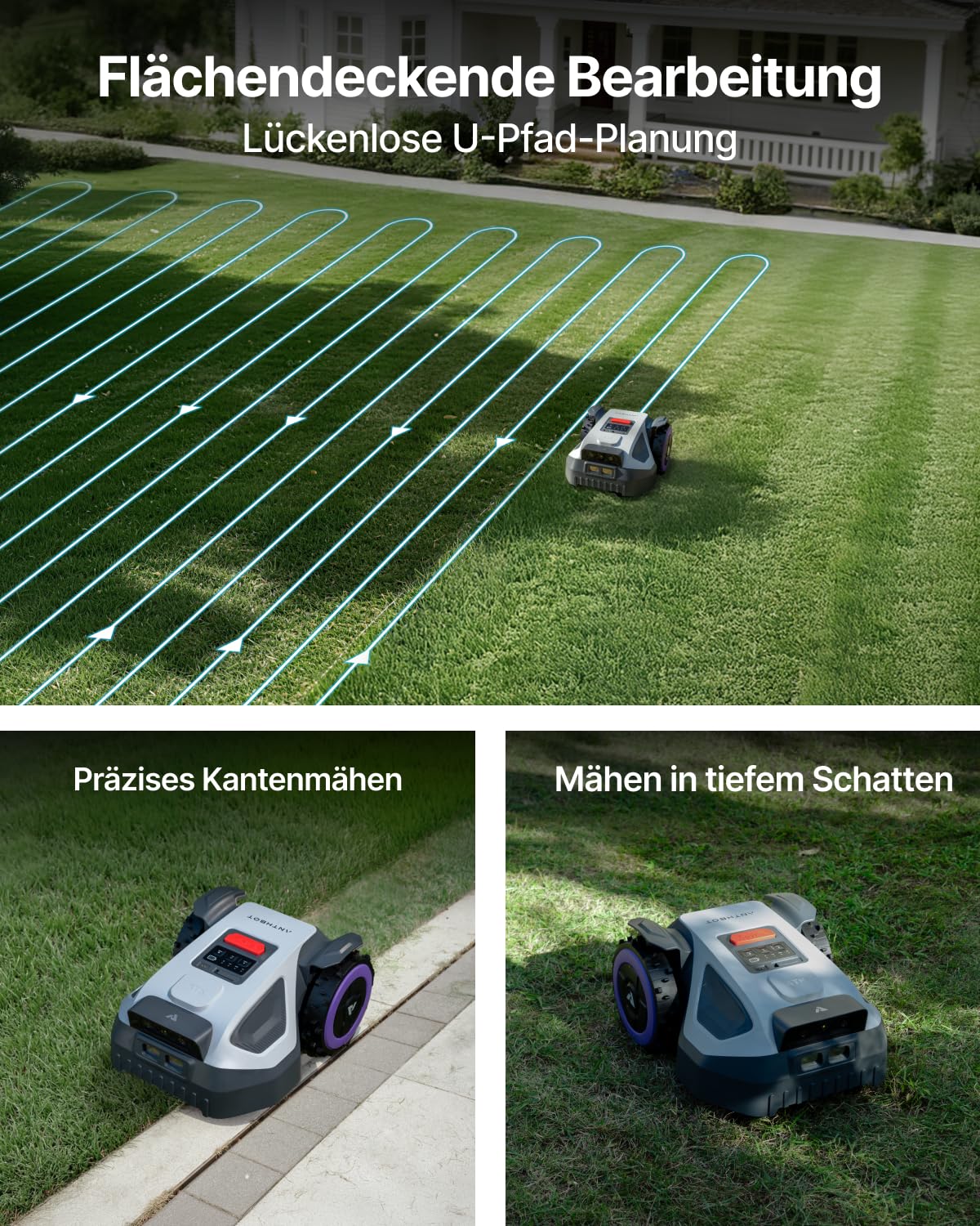 ANTHBOT M5 + Garage, Rasenmäher Roboter ohne Begrenzungsdraht, RTK-Navigation mit Dual-Vision, KI-Hindernisvermeidung, Mähroboter mit App-Steuerung, 45% Steigung, für kleine und mittelgroße Gärten