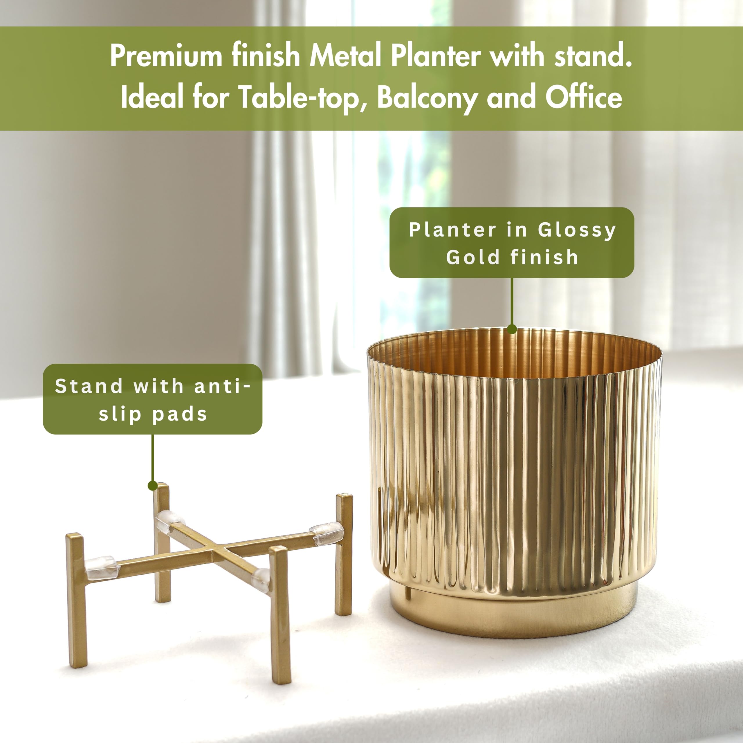 Gold Fluted Planter with Stand - Elegant Home Decor -5