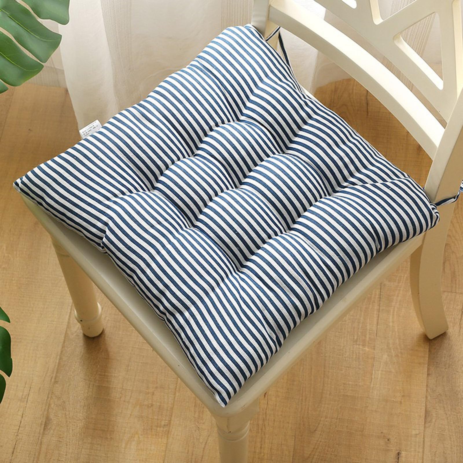 Velvet Chair Cushions for Dining Chairs, Set of 1 2 3 4 5 6,Seat Pads for Kitchen Chairs with Ties,40cm*40cm(15.7in*15.7in) (4, Blue and White Stripes, 15.7in*15.7in)