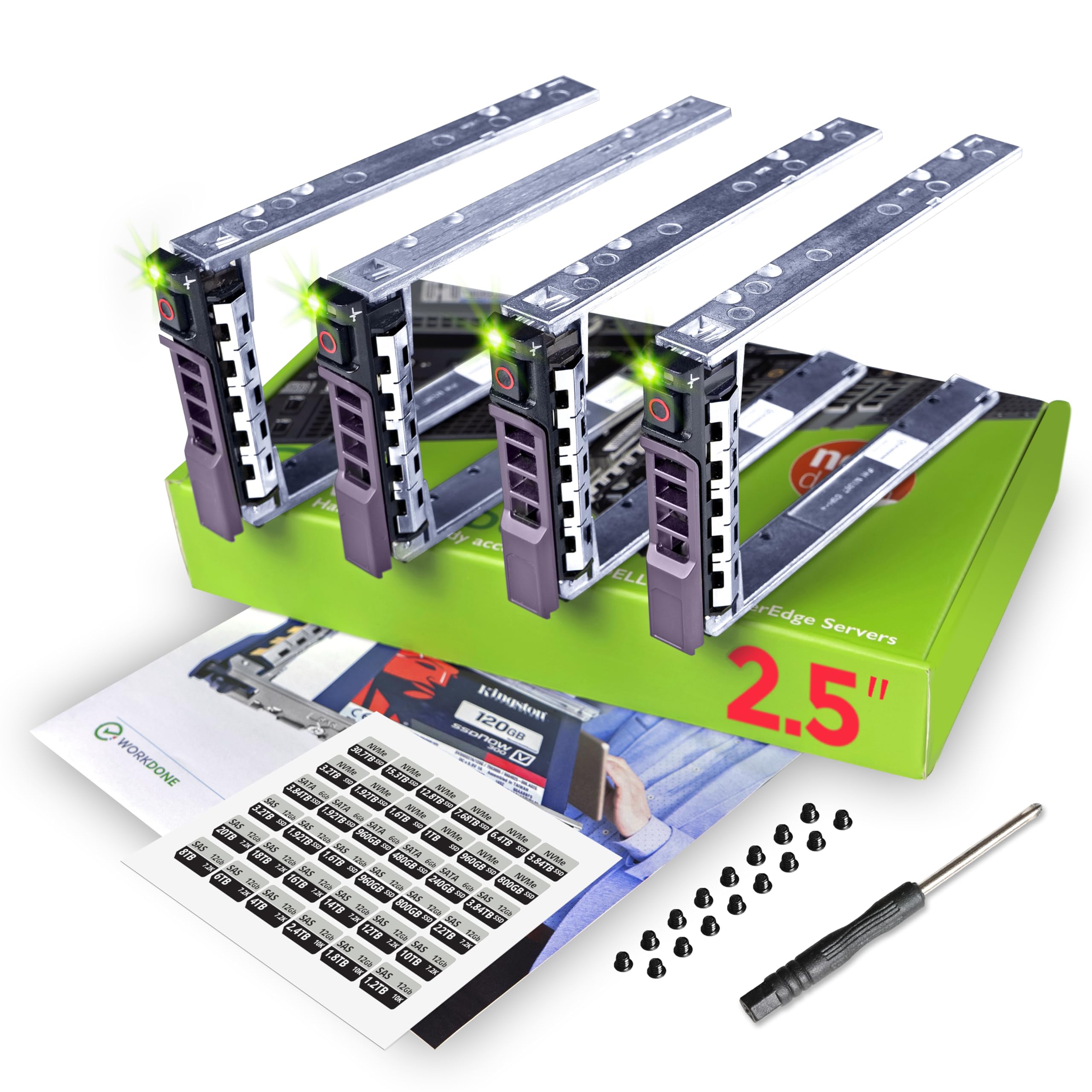WORKDONE 4-Pack - 2.5" Hard Drive Caddy G176J Compatible for Dell PowerEdge Server - T440 T640 R330 R430 T430 R630 T630 R730 R830 R930 R320 R420 and More - Hot-Swap Tray - Setup with Detailed Manual