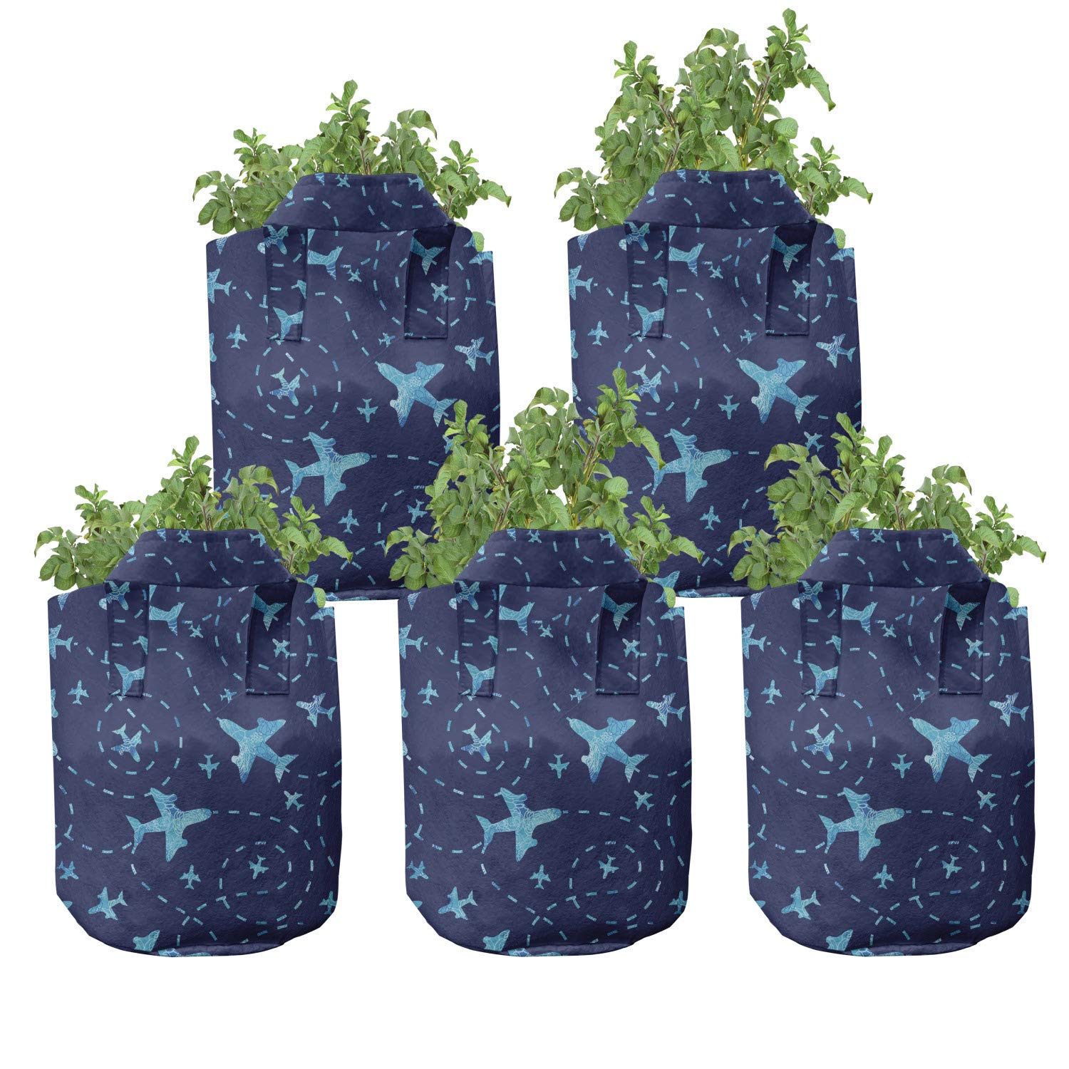 Ambesonne Airplane Grow Bags 5-Pack, Monochrome Traces Scene, Heavyduty Fabric Pots with Handles for Plants, 7 Gallon, Indigo and Sky Blue
