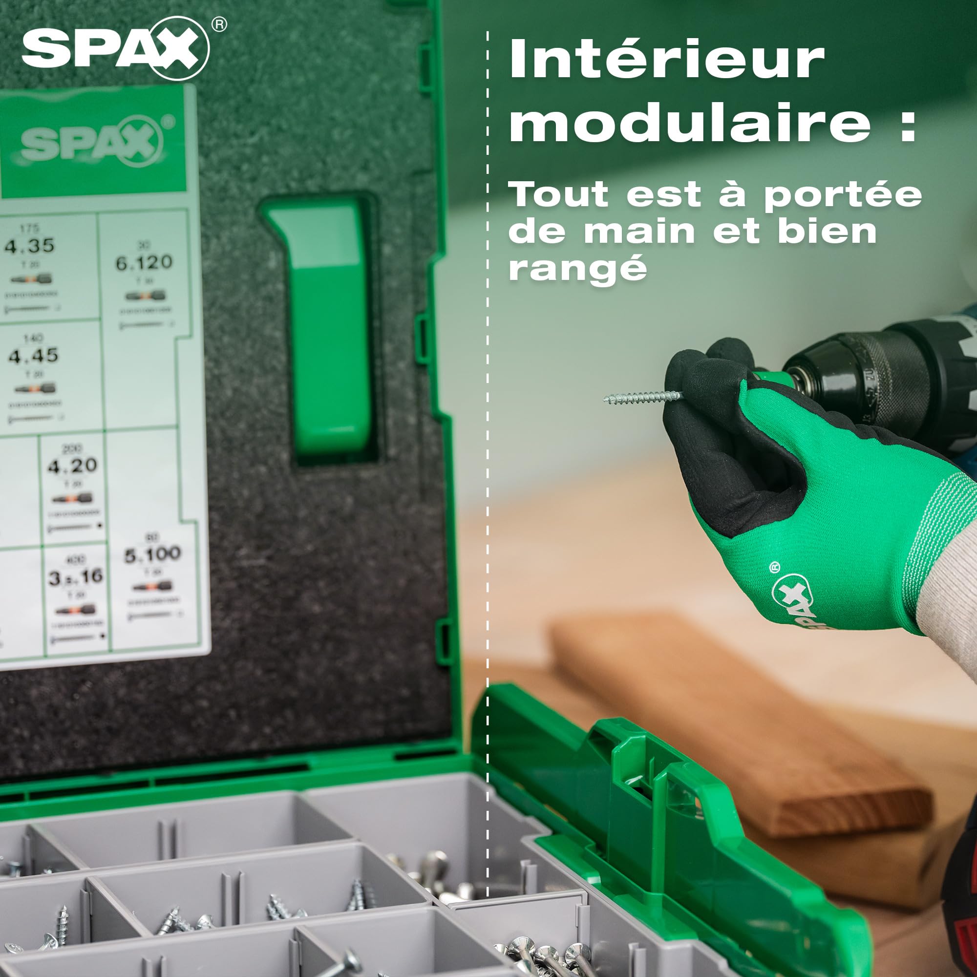 SPAX Coffret de montage - L-BOXX grande avec 2.445 vis à tête fraisée en 16 dimensions, WIROX A9J, T-STAR plus, incl. gants de travail et BITBOX, 8000000294532