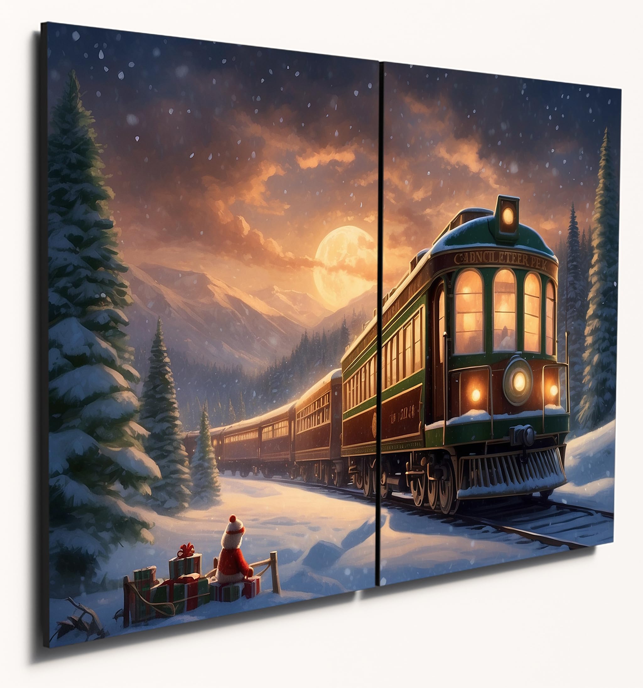 The Plum Penguin Polar Express Festive Scene Wall Art, Dual A4 MDF Wood Prints, Arctic Twilight Train Decor Canvas Alternative 40 x 30cm
