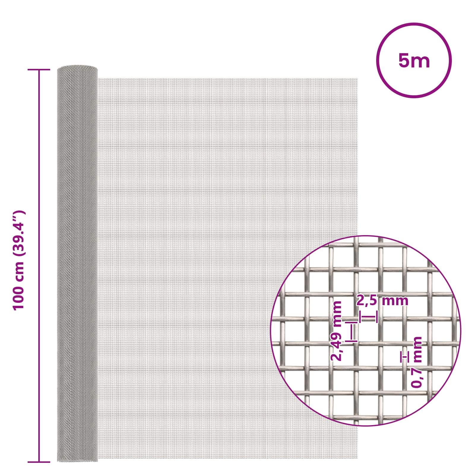 Edelstahlgewebe 100 x 500 cm - 8 Mesh Drahtgitter Edelstahl 201 mit 2,5 mm Maschenweite, robustes Drahtgeflecht für Lichtschachtabdeckungen und Garten, Silber
