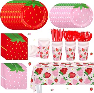 Augisteen Strawberry Party Tableware Set Strawberry Theme Paper Plates Napkins Cups Strawberries Plastic Tablecloth Disposable Strawberries Party Supplies for Birthday Baby Shower, Pink