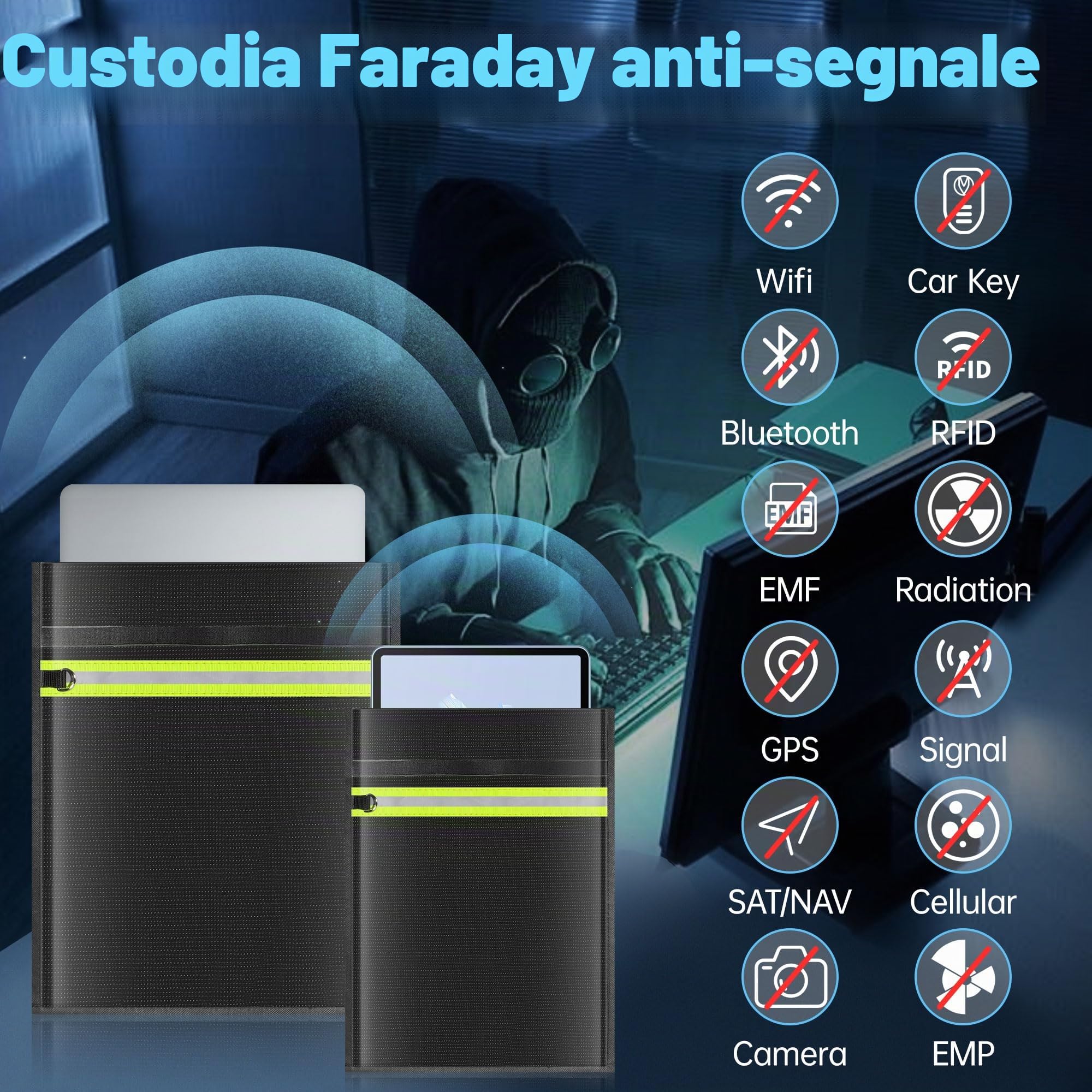 Faraday - Confezione da 5 sacchetti Faraday a prova di EMP, per computer portatili, tablet, telefoni e chiavi dell'auto, gabbia Faraday con manico e striscia riflettente, sacchetti EMP per