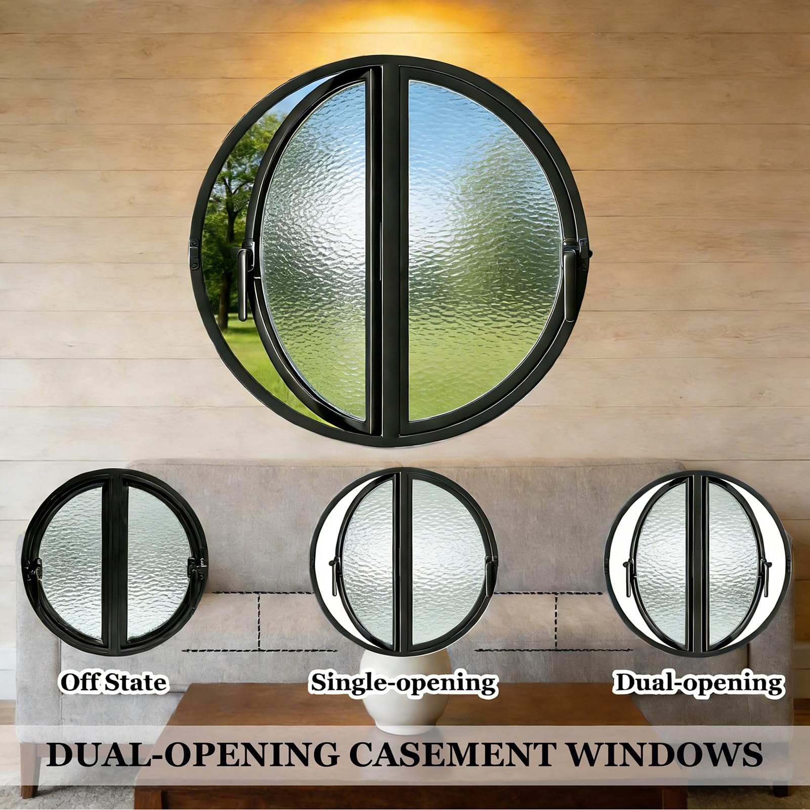 Ventana Ventana redonda abatible de doble apertura, ojo de buey empotrado personalizado 40‑120 cm con vidrio templado, repuesto para baños, cocinas, dormitorios y salas de estar(Black,87 cm/34.3 in)