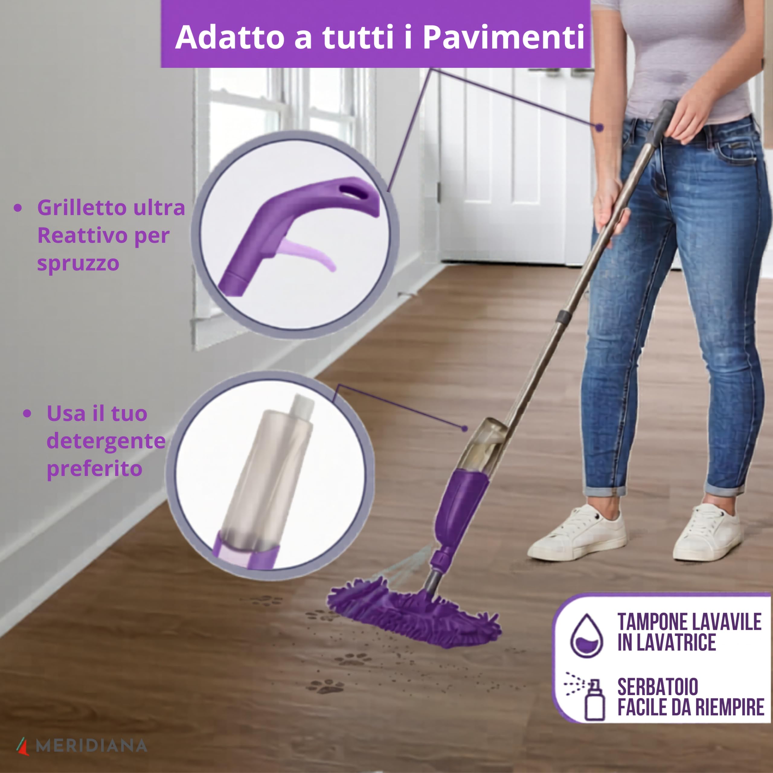 Meridiana Scopa Lavapavimenti a Spruzzo, Spray Mop Flexy mocio lavapavimenti, Piastra Ribaltabile 2 in 1, 2 Flaconi Ricaricabili e 2 Panni in Microfibra per lavare e 1 Panno cattura polvere duplefax