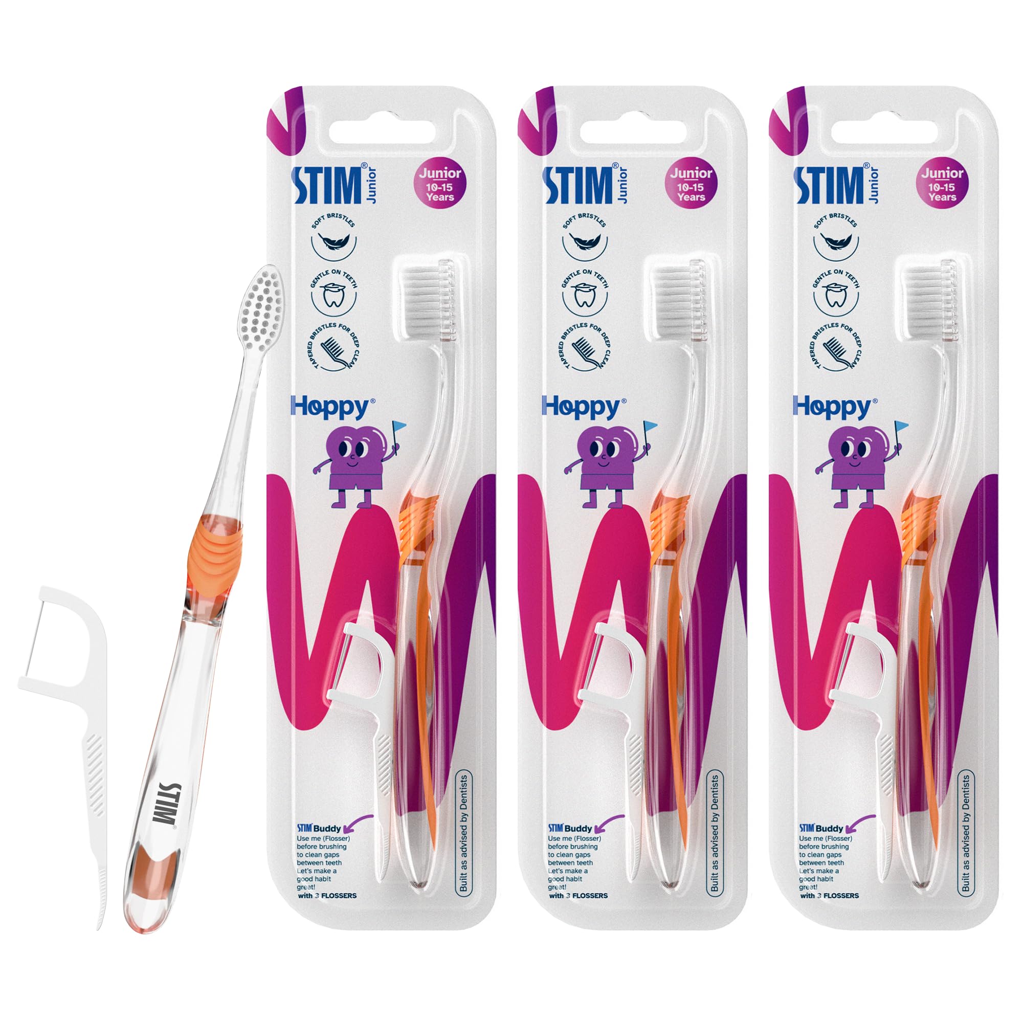 STIM Junior Kids Toothbrush | Soft bristles | 10 to 15 Years | Perfectly sized brush with thumb grip & tongue scraper | For Independent brushing | Set of 3