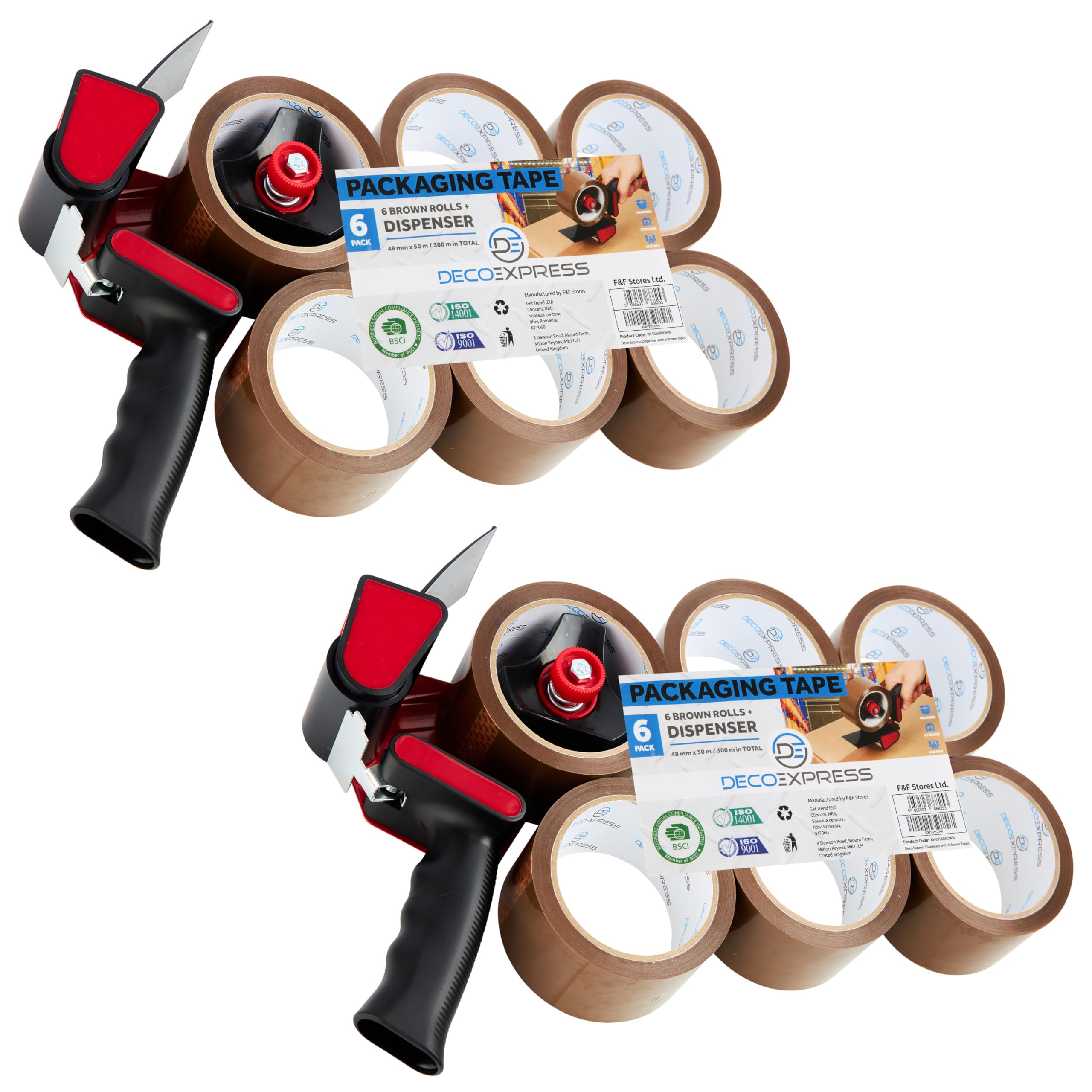 DECO EXPRESS Packaging Tape Dispenser Gun and 6 Rolls Parcel Tape Strong Brown Fragile Clear Heavy Duty for Packing Boxes Moving House Essentials (Dispenser Brown, 2 Pack)