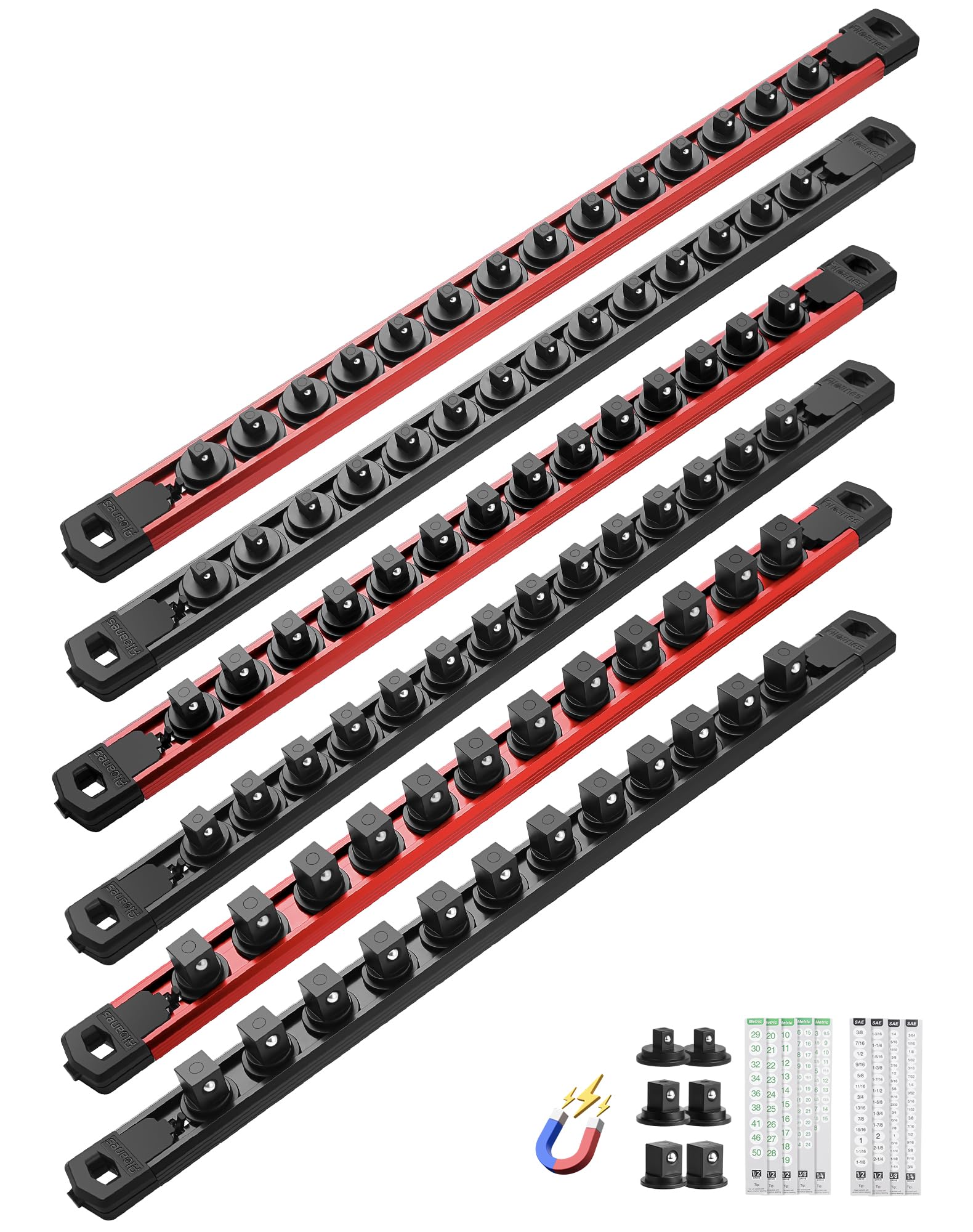 ALOANES Magnetic Socket Organizer, 1/2,3/8,1/4" 80 Clips (Red&amp;Black, 6PC)