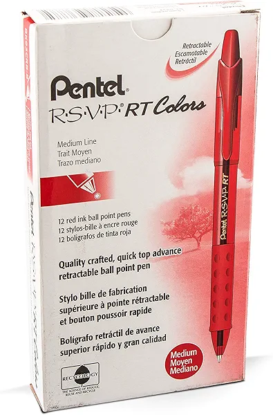 RSVP RT COLORS Retractable Ball Point Pen, Medium Line, Red Barrel, Red Ink, Box of 12 (BK93CRB-B)